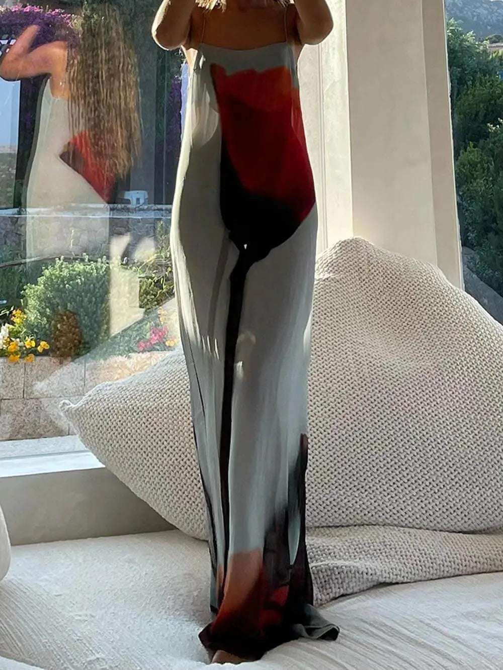 Abstract Tulip Print Vacation Slip H-Line Maxi Dress FashFizz