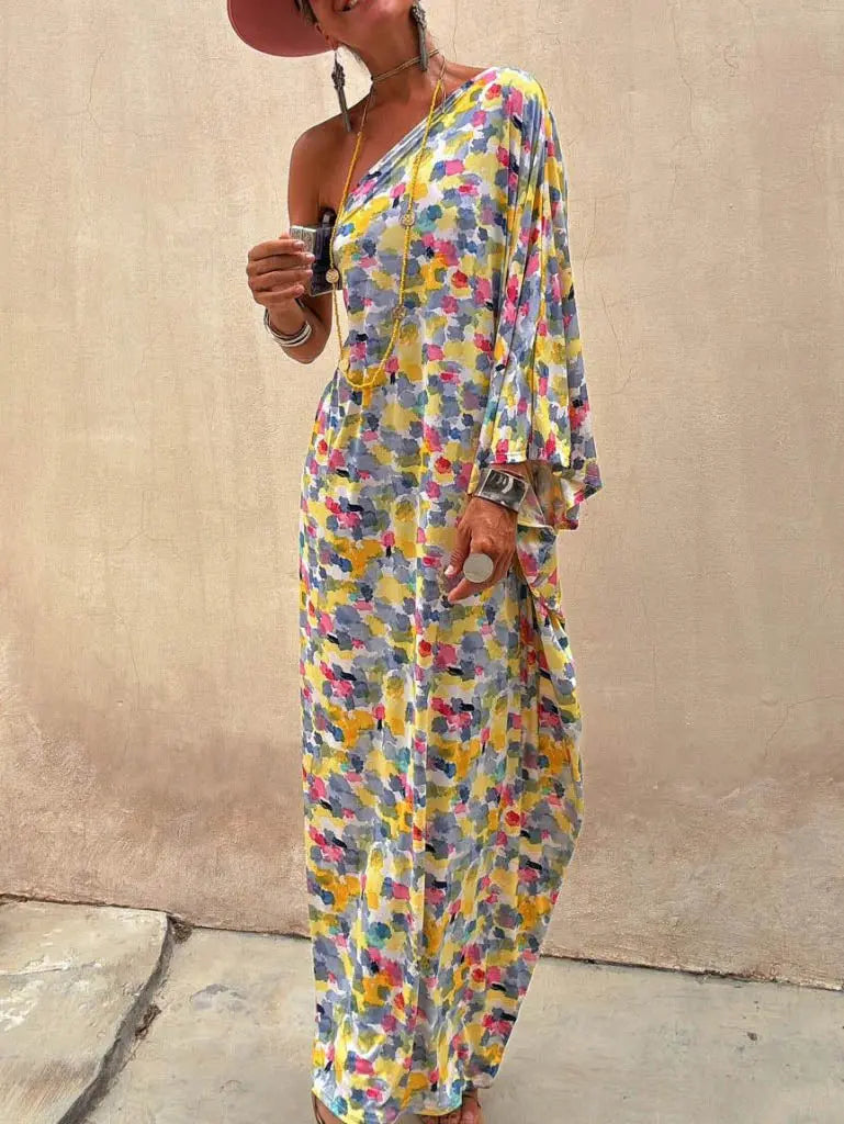 Casual Holiday Ink-dye Print Off-shoulder Maxi Dress FashFizz