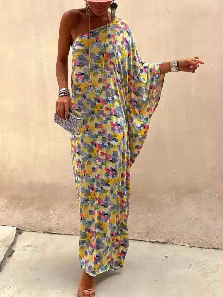 Casual Holiday Ink-dye Print Off-shoulder Maxi Dress FashFizz