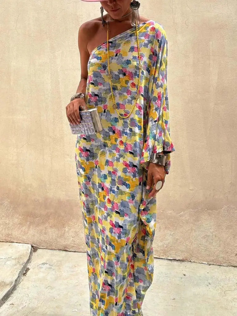 Casual Holiday Ink-dye Print Off-shoulder Maxi Dress FashFizz