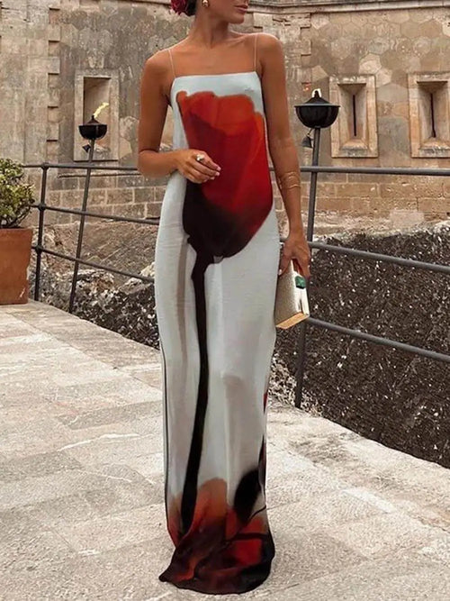 Abstract Tulip Print Vacation Slip H-Line Maxi Dress FashFizz