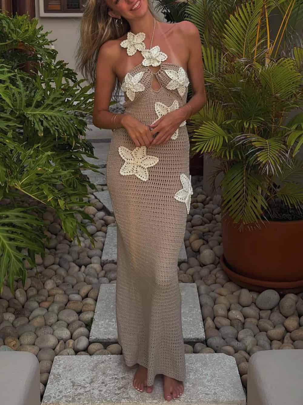 3D Flower Decor Halter Neck Bodycon Crochet Maxi Dresses FashFizz