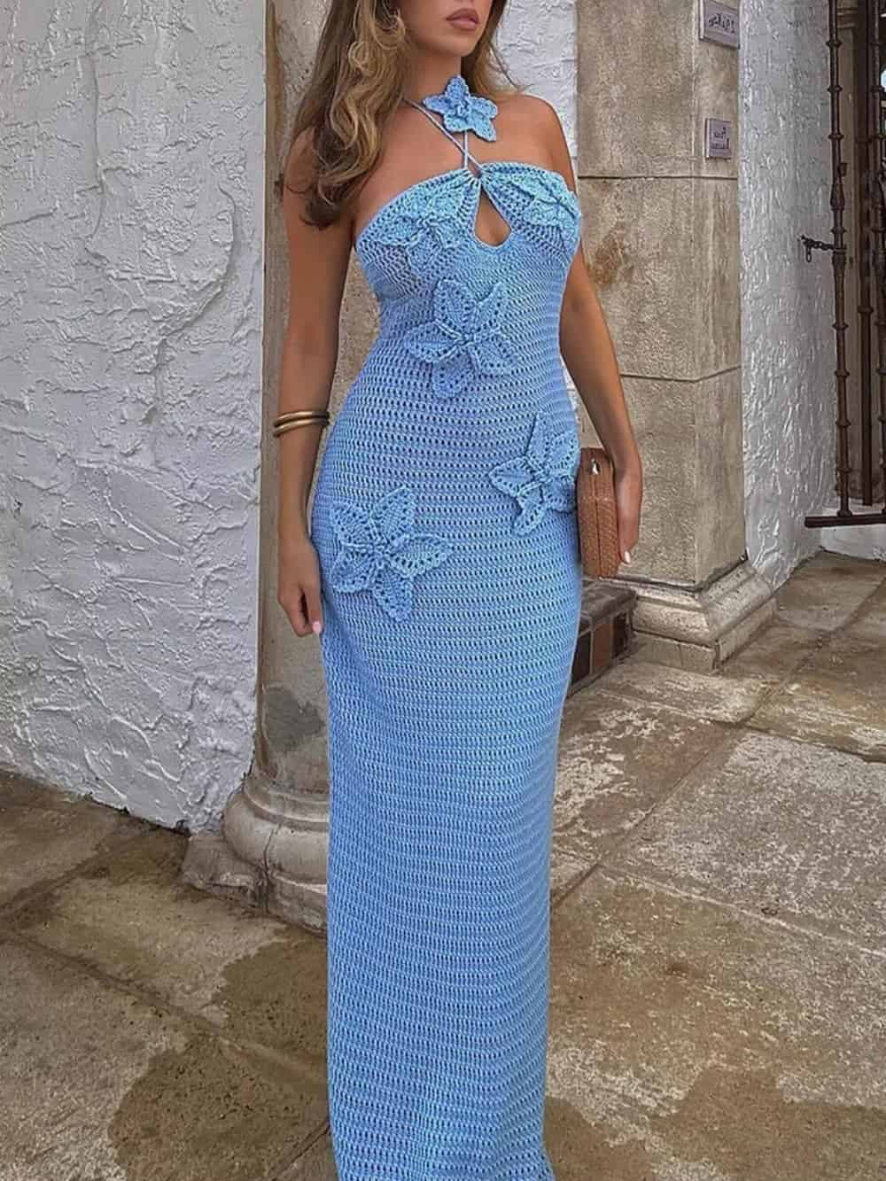 3D Flower Decor Halter Neck Bodycon Crochet Maxi Dresses FashFizz